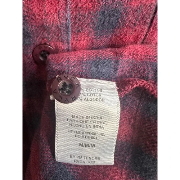 RVCA Men's Flannel Shirt Red Navy Plaid Long Sleeve Button Up Size M - Picture 2 of 3